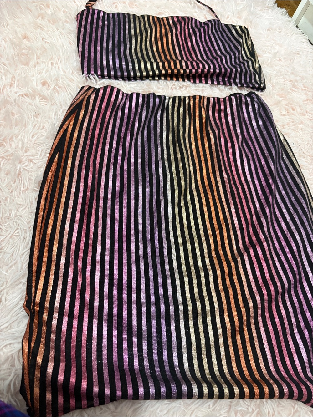 Fashion Nova Multi-Way Metallic Striped Skirt Set – XL